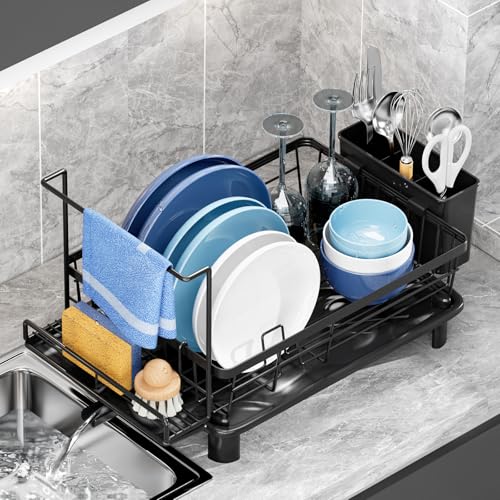 Dish Drying Rack, Stainless Steel-Dish Rack, Dish Racks for Kitchen Counter, Kitchen Dish Drainers with Removable Utensil Holder,New drain outlet,Plate Rack and Drainboard,(Black2 with Sponge Rack ) - color: Black 2