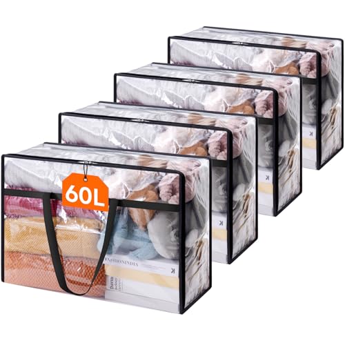 Lifewit 4 Pack Clear Clothes Storage Bags, 60L Plastic Blanket Storage Bag, Vinyl Foldable Moving Bags with Zipper, Closet Organizers and Storage Containers for Bedding, Duvet, Comforter - size: 60L