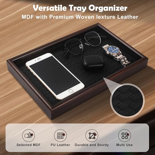 Wooden Valet Tray with Leather Base - Nightstand Catchall Organizer for Cologne, Perfume, Keys, Wallet, Phone, Watch, Jewelry & Sunglasses (Black) - color: Black