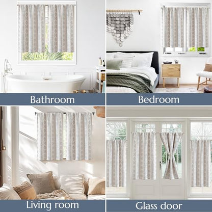 jinchan 95% Blackout Boho Kitchen Curtains 24 Inches Cafe Tier Curtains Bohemian Small Drapes for Bedroom RV Basement Half Window Room Darkening Thermal Insulated 2 Panels Blue on Beige - color: 95% Blackout | Blue on Beige, size: 25"W x 24"L (Pack of 2)