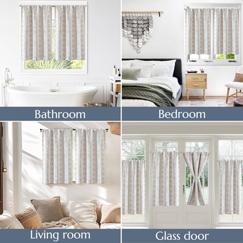 jinchan 95% Blackout Boho Kitchen Curtains 24 Inches Cafe Tier Curtains Bohemian Small Drapes for Bedroom RV Basement Half Window Room Darkening Thermal Insulated 2 Panels Blue on Beige - color: 95% Blackout | Blue on Beige, size: 25"W x 24"L (Pack of 2)