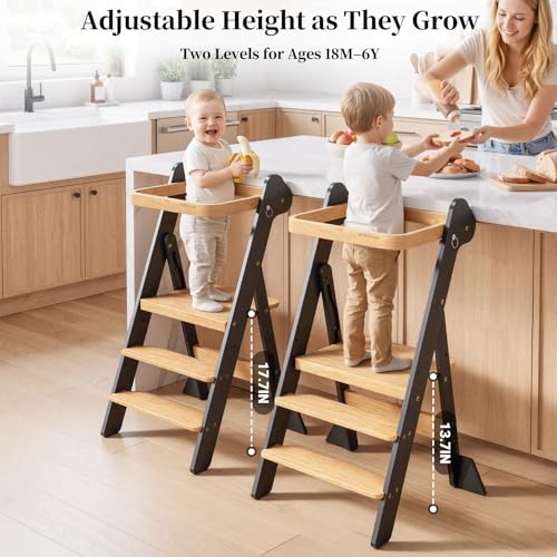 COSYLAND Foldi Foldable Toddler Kitchen Stool - Adjustable Height Toddler Standing Tower with Net & Safety Feet, IF Award-Winning Wooden Learning Step Tower for Kids 18M-6Y, Black & Natural - color: Black & Natural