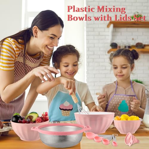 Ziliny 4 Pcs Mixing Bowls with Lids Plastic Nesting Bowls Set with Stainless Steel Colander 8 Pcs Measuring Cups and Spoons Set and Foldable Kitchen Funnel for Kitchen Cooking Accessories (Pink)