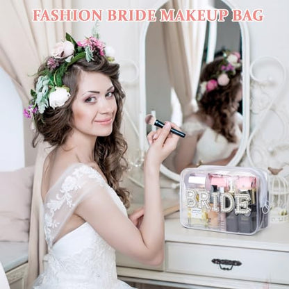 Etercycle Bride Clear Makeup Bag, Bridal Shower Gifts Engagement Cosmetic Bag, Bling Pearl Rhinestone Letter Patches Waterproof PVC Travel Organizer for Women Wedding Bachelorette Party(Silver) - color: Silver, style: Bride