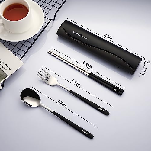 DEVICO Portable Travel Utensils with Case, Reusable Camping Silverware for Lunch, 18/8 Stainless Steel Cutlery Set (Black) - color: Black
