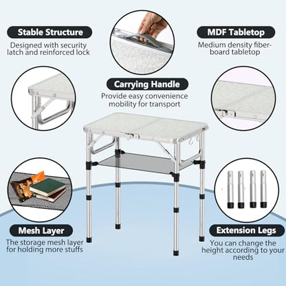 YihuiKo Small Folding Picnic Table with Storage Net, 3 Adjustable Heights 27.5" Aluminum Lightweight Portable Table with Carrying Handle for Camping Travel Indoor - size: 24"L x 16"W x 27"H
