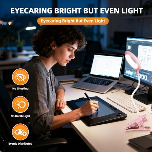 Akynite Desk Lamp LED Clip on Light, 5 Modes 5 Brightness Dimmable Clamp Light, Rechargeable Battery Flexible Clip on Reading Lamp for Bed Headboard Bunk Bed at Night for Kids (Pink) - color: Pink
