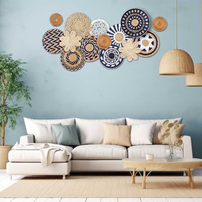 Xuhal 15 Pcs Boho Wall Basket Decor Handcrafted Seagrass Woven Wall Basket Rustic Round Woven Hanging Art for Home Farmhouse Kitchen Table Living Room(Blue Classic Style) - style: Blue Classic Style