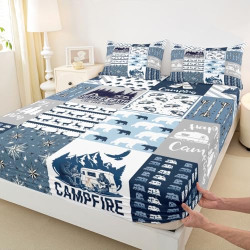 Happy Camping Fitted Sheet Queen Size for Boys Kids Teens, Camper Bedding Set, Rustic Farmhouse Style Fitted Bed Sheets, Sketch Drawing Camper Bedding, Camping Car Sheet with Deep Pocket, Blue - color: Multi 0218, size: Queen (No Top/Flat Sheet)