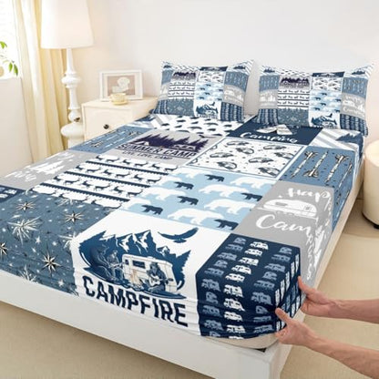 Happy Camping Fitted Sheet Queen Size for Boys Kids Teens, Camper Bedding Set, Rustic Farmhouse Style Fitted Bed Sheets, Sketch Drawing Camper Bedding, Camping Car Sheet with Deep Pocket, Blue - color: Multi 0218, size: Queen (No Top/Flat Sheet)