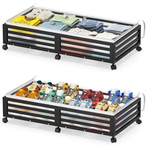 Under Bed Storage with Wheels-Large Bamboo Underbed storage Containers with Large Dust Bag Stackable Under the Bed Shoe Storage Bins for Clothes Books Bedding (2 Packs Black, 33.07"L×16.54"W× 6.5"H) - color: 2 Packs Black, size: 33.07"L×16.54"W× 6.5"H