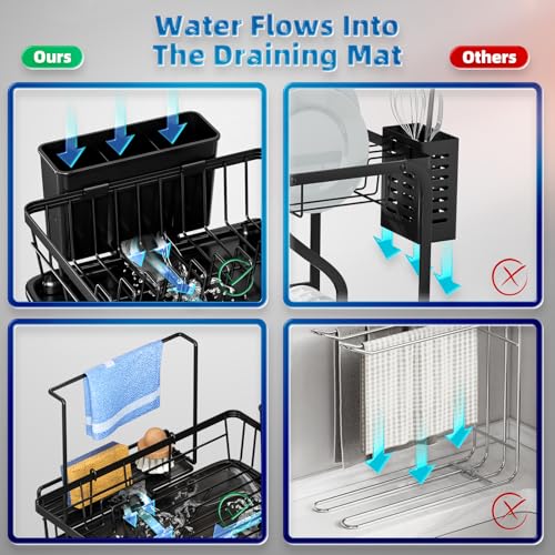 Dish Drying Rack, Stainless Steel-Dish Rack, Dish Racks for Kitchen Counter, Kitchen Dish Drainers with Removable Utensil Holder,New drain outlet,Plate Rack and Drainboard,(Black2 with Sponge Rack ) - color: Black 2