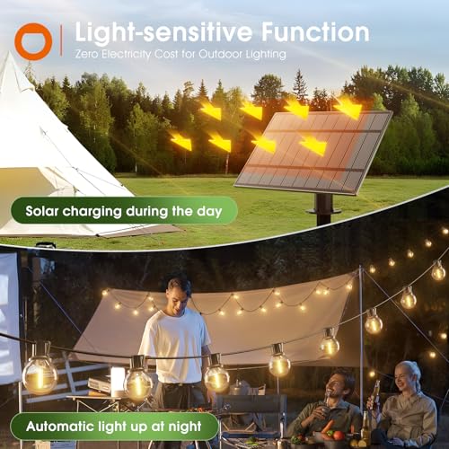 addlon 56FT(50+6) Solar String Lights Outdoor with Remote, 27 Shatterproof G40 Bulbs, Solar Powered & USB Charging Patio Lights, Dimmable Waterproof Solar String Lights for Outside, Camping, Backyard - size: 50FT