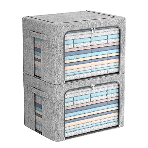 FHSQX 2 Pack Clear Window Storage Bins - Large Stackable Linen Fabric Storage for Clothes Foldable Container Organizer Set with Carrying Handles (Light Gray, 15.7x 11.8x 11.7 Inch) - color: Light Gray, size: 15.7x 11.8x 11.7 Inch