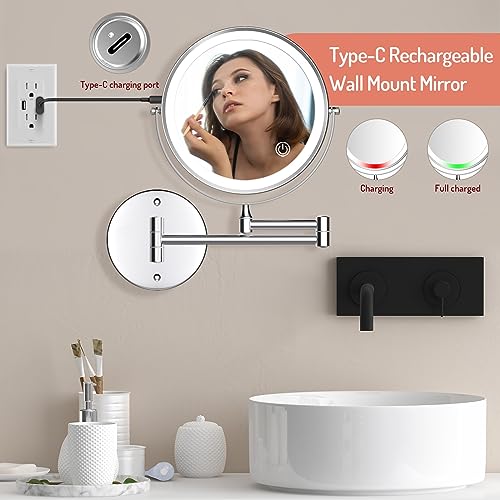 Rocollos Rechargeable Wall Mounted Lighted Makeup Mirror, 8 Inch Double-Sided LED Vanity Mirror 1X/7X Magnification,3 Color Lights Touch Screen Dimmable 360°Swivel 13 Inch Extendable - color: 8 Inch 7x Chrome