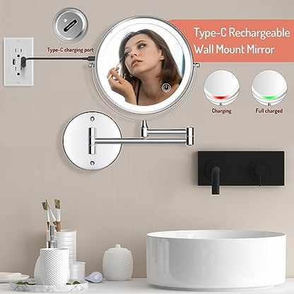 Rocollos Rechargeable Wall Mounted Lighted Makeup Mirror, 8 Inch Double-Sided LED Vanity Mirror 1X/7X Magnification,3 Color Lights Touch Screen Dimmable 360°Swivel 13 Inch Extendable - color: 8 Inch 7x Chrome