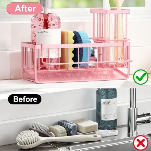 Sponge Holder for Kitchen Sink, Kitchen Sink Caddy, Kitchen Sink Sponge Holder, Dish Sponge Holder, Kitchen Sink Organizer for Sponge, Dish Brush, Scrubber(9.65" x 3.74" x 6.3", Pink) - color: Pink