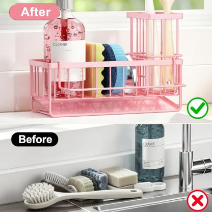 Sponge Holder for Kitchen Sink, Kitchen Sink Caddy, Kitchen Sink Sponge Holder, Dish Sponge Holder, Kitchen Sink Organizer for Sponge, Dish Brush, Scrubber(9.65" x 3.74" x 6.3", Pink) - color: Pink