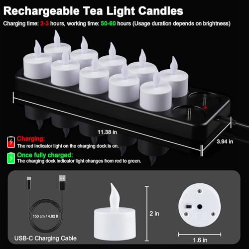 Esup Rechargeable Tea Lights Rechargeable Candles Flameless Flickering Candles Tealights 12pcs/Set with Black Charging Base, Decoration Parties, Weddings, Bar, Family, Dinner Outdoor Picnic ﻿