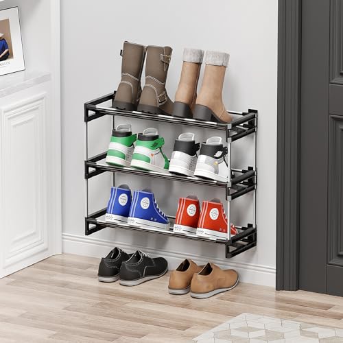 3 Tier Narrow Shoe Rack with Hook and Loop Sticky Adhesive Strips Shoe Shelf for Wall Mounted Slim Shoe Rack Space Saving Design Wall Shoe Organizer for RV - color: Black