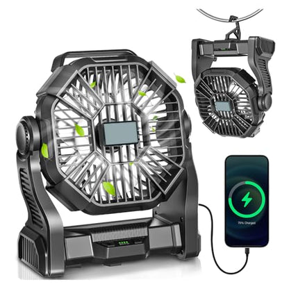 AEscod Portable Camping Fan, Rechargeable Battery Operated with LED Lights, Hanging Hook, 270°Rotation, 20000mAh Battery Powered Fan for Beach, Office, Picnic, Fishing, Travel, Tent