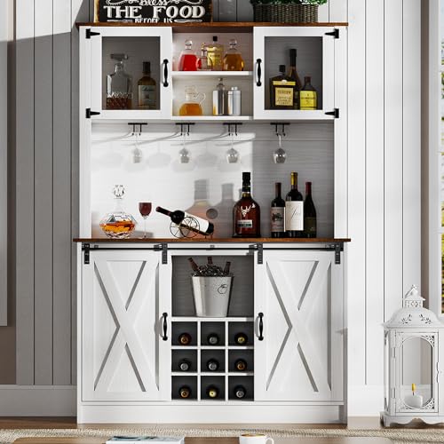 4ever2buy Farmhouse Coffee Bar Cabinet with Sliding Barn Doors, 72'' Hutch Cabinet with Storage, White Bar Cabinet with Glass Doors and Wine Rack, Tall Wine Bar for Living Dining Room - color: White, size: 72Inch