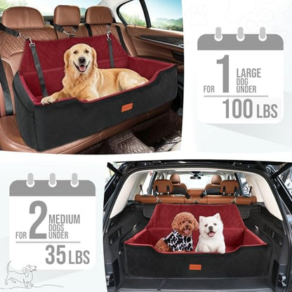 HEGGCOOE Large Dog Car Seat Under 100 lbs, Washable Dog Car Bed for 2 Medium Dogs, Detachable Pet Booster Seat with Storage Pocket and Seat Belt for Back Seat - color: Black/Red