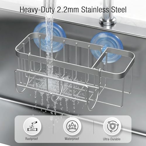 3-in-1 Kitchen Sink Caddy Organizer with Sponge Holder, Brush Holder, Extra Rack for Scrubber, Sink Stopper, Dish Cloth Hanger - Strong Dual Suction Cup, 2.0mm SUS304 Stainless Steel - Silver - color: Silver