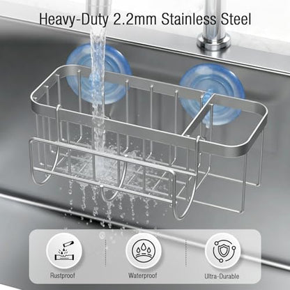 3-in-1 Kitchen Sink Caddy Organizer with Sponge Holder, Brush Holder, Extra Rack for Scrubber, Sink Stopper, Dish Cloth Hanger - Strong Dual Suction Cup, 2.0mm SUS304 Stainless Steel - Silver - color: Silver