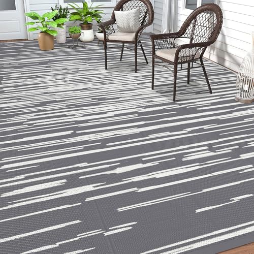 HEBE Outdoor Rug 8'x10' Waterproof for Patios Clearance, Reversible Plastic Straw Rug Camping Carpet, Indoor Outdoor Area Rugs Patio Mats for RV,Picnic,Backyard,Deck,Balcony,Porch - color: Stripe/Grey, size: 8' x 10' (Rectangular)