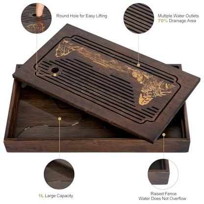 Jotsport 15 Inch Bamboo Kung Fu Tea Tray with Water Storage Drainage for Gongfu Tea Set Chinese Tea Ceremony Serving Table Set