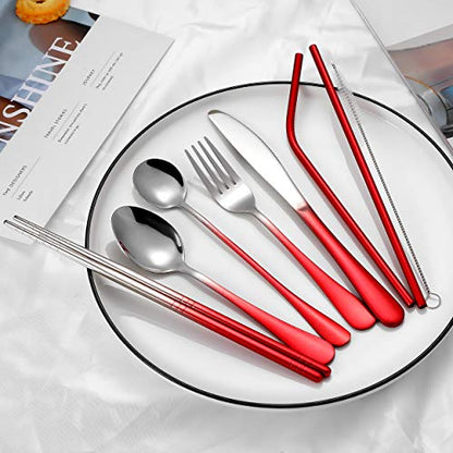 Travel Utensils,Reusable Silverware Set To Go Portable Cutlery Set with a Waterproof Carrying Case for Lunch Boxes Workplace Camping Picnic (GraRed) - color: Gradient Red+ TeaSpoon
