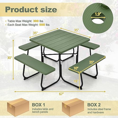Tangkula 8 Person Picnic Table, Outdoor Square Picnic Table with 4 Built-in Benches, Umbrella Hole, Metal Frame & HDPE Tabletop, Outside Table and Bench Set for Backyard, 2300lbs Weight Capacity - color: Green