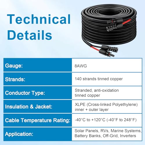 XRDS -RF Solar Cable 6FT, 8AWG Solar Extension Cable with Male & Female Solar Connectors, Flame-Retardant Protective Sleeving Solar Panel Cable, Weatherproof PV Wire for Solar Panel Connection - size: 8AWG 6FT