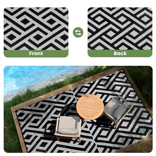 6x9 Outdoor Patio Rug with Carry Bag, Waterproof Outdoor Plastic Straw Rug RV Camping Rug, Reversible Picnic Mat Outside Carpet for Backyard, Porch, Balcony, Deck, Black & Light Grey