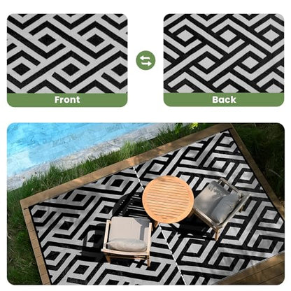 6x9 Outdoor Patio Rug with Carry Bag, Waterproof Outdoor Plastic Straw Rug RV Camping Rug, Reversible Picnic Mat Outside Carpet for Backyard, Porch, Balcony, Deck, Black & Light Grey