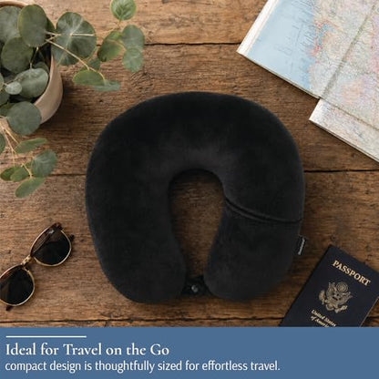 Brookstone Microbead Neck Pillow - Super Soft Cozy Lightweight Plush Travel Pillow with Phone or Headphone Pocket, Black - color: Black