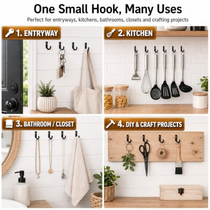 58 Pieces Key Hooks, Black Small Hooks for Hanging Hat, Jewelry, Steel Metal Hook, Kitchen Little Towel Hook with Black Screws for Farmhouse Retro Crafting Projects - color: 0.87"×0.59", Black