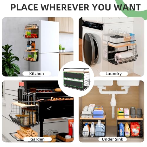 Magnetic Shelf for Fridge with Wood Lid, Fruit Potato and Onion Storage Bins, Kitchen Large Container Magnetic Spice Rack for Refrigerator, Kitchen Counter, Tools, Snack (BLACK, 2 Pack) - size: 2 Pack