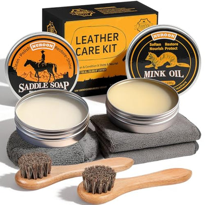 Nuroon Leather Boots Care Kit-3.52oz Saddle Soap+3.52oz Mink Oil for Leather Shoes Cleaning and Leather Purse Shoes Polishing - style: 7 Pieces