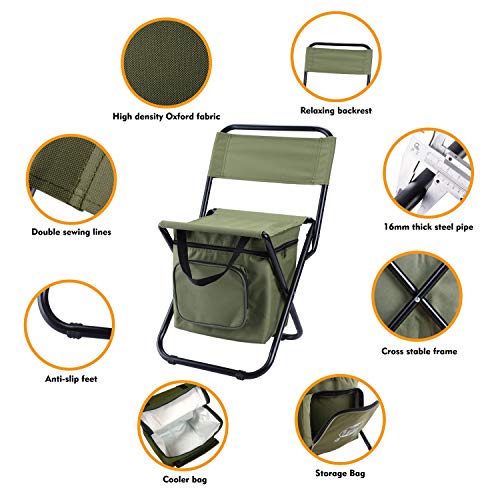 LEADALLWAY Fishing Chair with Cooler Bag Compact Fishing Stool Foldable Small Hunting Chair 12.2" Seat Depth,12.6" Seat Width - color: Green
