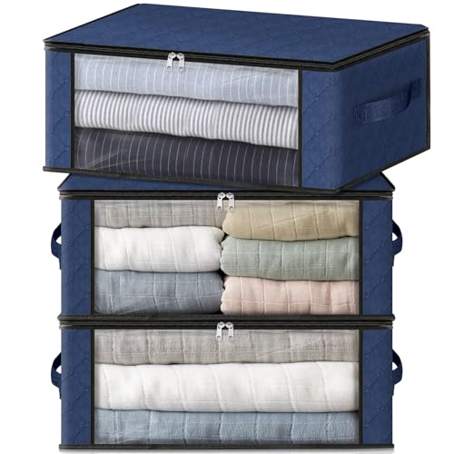 HomeHacks Storage 3-Pack Clothes Organizer Storage Bags Foldable Storage Box with Large Clear Window Sturdy Handles for Closet, Dorm, Pillows, Bedding, Clothes, Blankets, 35L, Blue - color: Blue