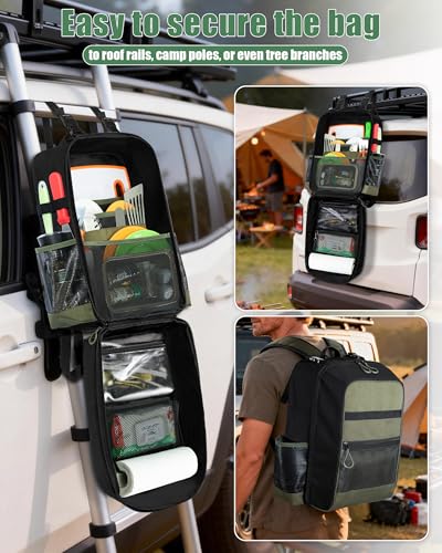 Marscamd Camp Kitchen Organizer Backpack with Paper Towel Holder, Hanging Camping Utensil Storage Bag with Multi Pockets for Camping Utensils, Barbecue Tool, Bag Only, Black