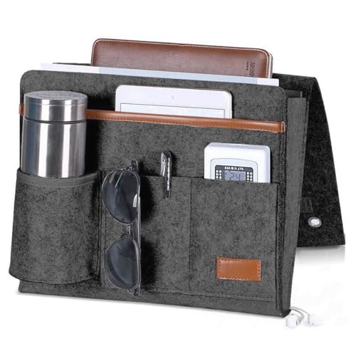 Bringsine Bedside Caddy, Felt Bed Storage Organizer Hanging Bag Holder with 5 Pockets for Magazine Book Phone Tablet iPad Cables Remote & Water Bottle Holder Home Dorm Bed Sofa-Deep Gray - color: Dark Gray, size: 4 Pockets + Bottle Holder