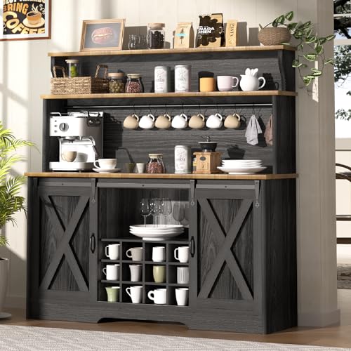 BestHaped 55'' Farmhouse Coffee Bar Cabinet with 3 Tier Storage Hutch, Coffee Bar Station with Sliding Barn Door, Hutch Storage Cabinet with 12 Wine Racks & 9 Hooks for Kitchen Dining Living Room - color: Black, size: 55 Inch