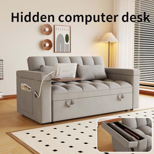 65" Foldable RV Love Seat Sofa, Modern Velvet Pull Out Couch with Table Board and UAB, Convertible Love Seat Sofa Bed with Adjustable Back and Pillow for Living Room, Small Spaces(Light Gray, 2 Seat) - color: Light Gray, size: 2 Seat