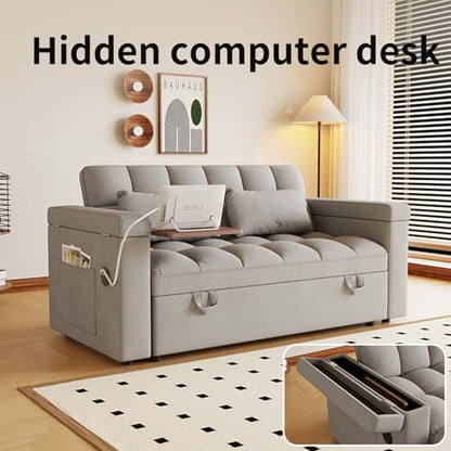 65" Foldable RV Love Seat Sofa, Modern Velvet Pull Out Couch with Table Board and UAB, Convertible Love Seat Sofa Bed with Adjustable Back and Pillow for Living Room, Small Spaces(Light Gray, 2 Seat) - color: Light Gray, size: 2 Seat
