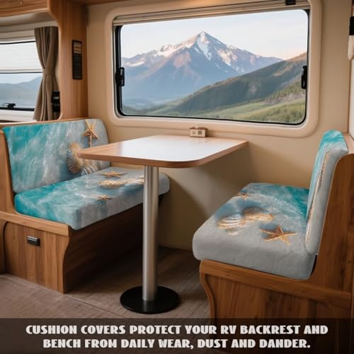 Beach Starfish Seashell Print RV Dinette Cushion Covers Wear-Resistan Camper Cushion Slipcover Fuzzy Flannel 2 Seat Sofa Chair Cover 1 Backrest Covers and 1 Bench Covers - color: Beach Starfish Seashell