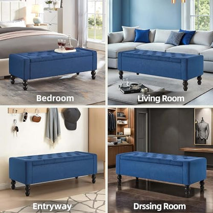 50" W Storage Ottoman Bench with Safety Hinge, Load up to 660 lb Ottoman with Storage, Upholstered Tufted Entryway Bench with Seating for Living Room, Bedroom, Entryway, Blue - color: Blue