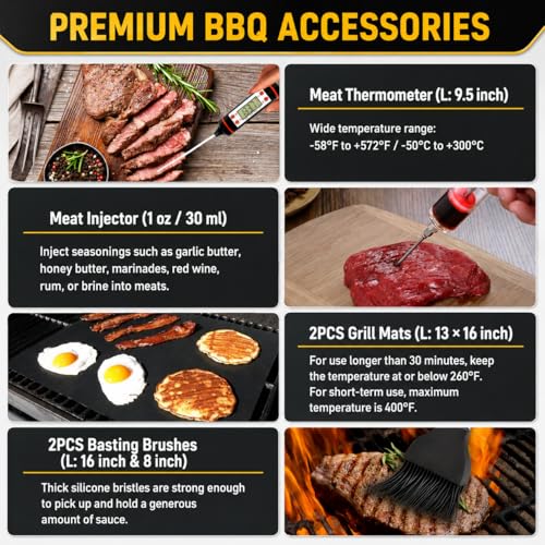 34Pcs Grill Accessories Grilling Gifts for Men, 16 Inches Heavy Duty BBQ Accessories, Stainless Steel BBQ Tools with Thermometer, Grill Mats for Backyard, BBQ Gifts Set for Men Women